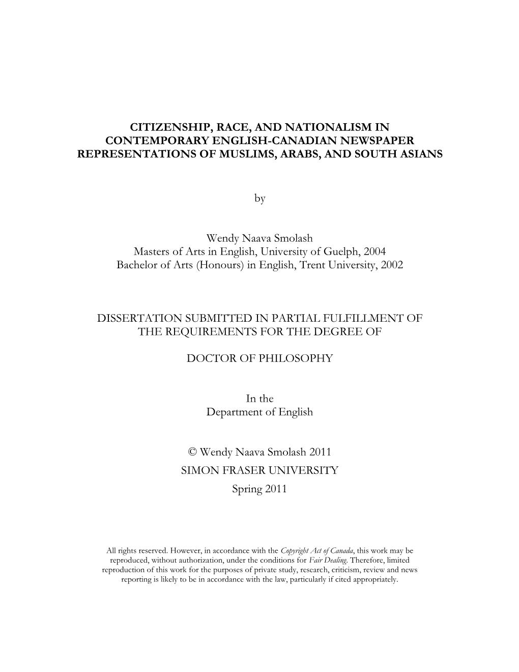 Citizenship, Race, and Nationalism in Contemporary English-Canadian Newspaper Representations of Muslims, Arabs, and South Asians