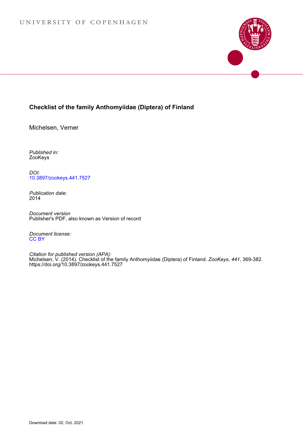 ﻿﻿﻿﻿﻿﻿Checklist of the Family Anthomyiidae (Diptera) of Finland