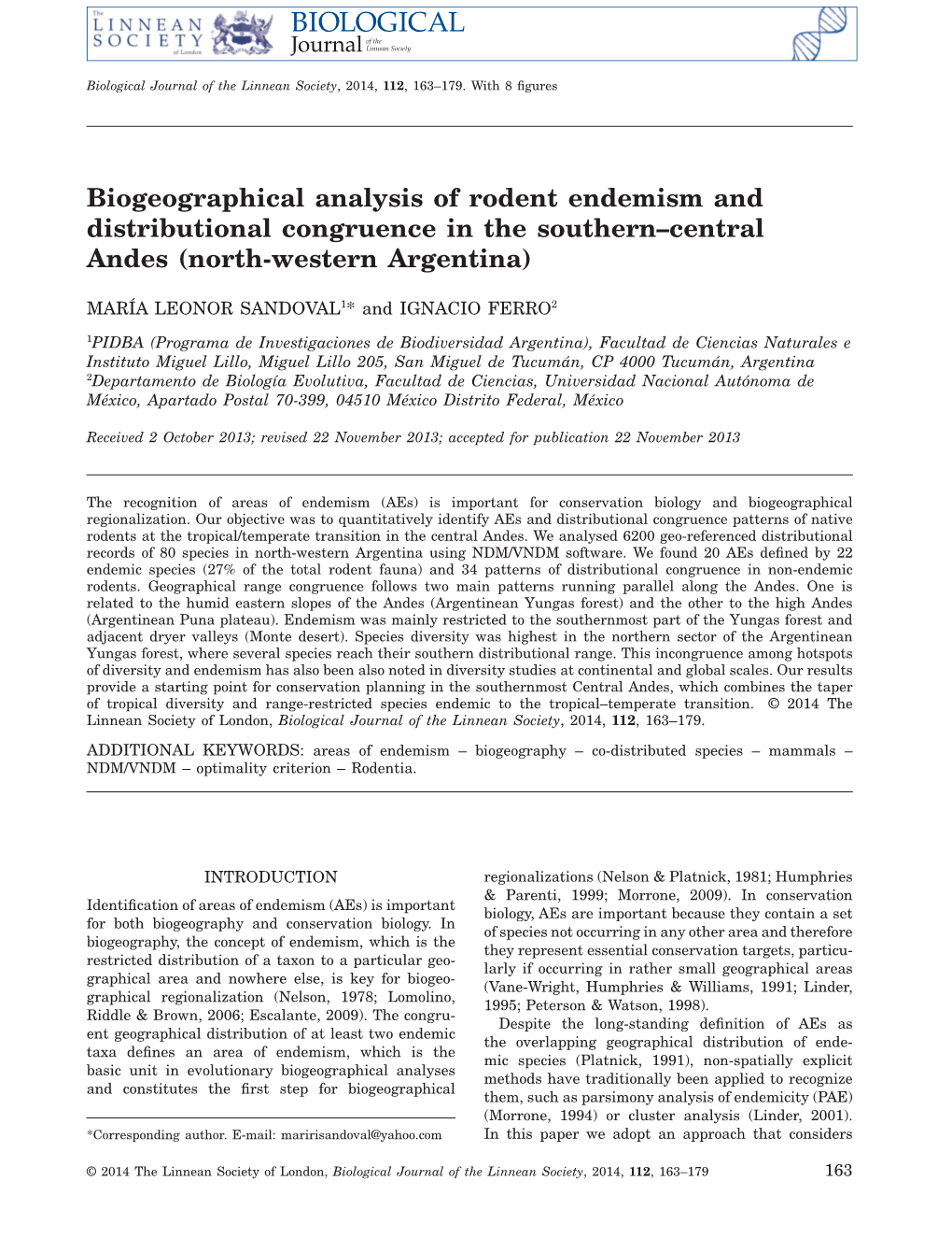 Biogeographical Analysis of Rodent Endemism and Distributional Congruence in the Southern–Central Andes (North-Western Argentina)