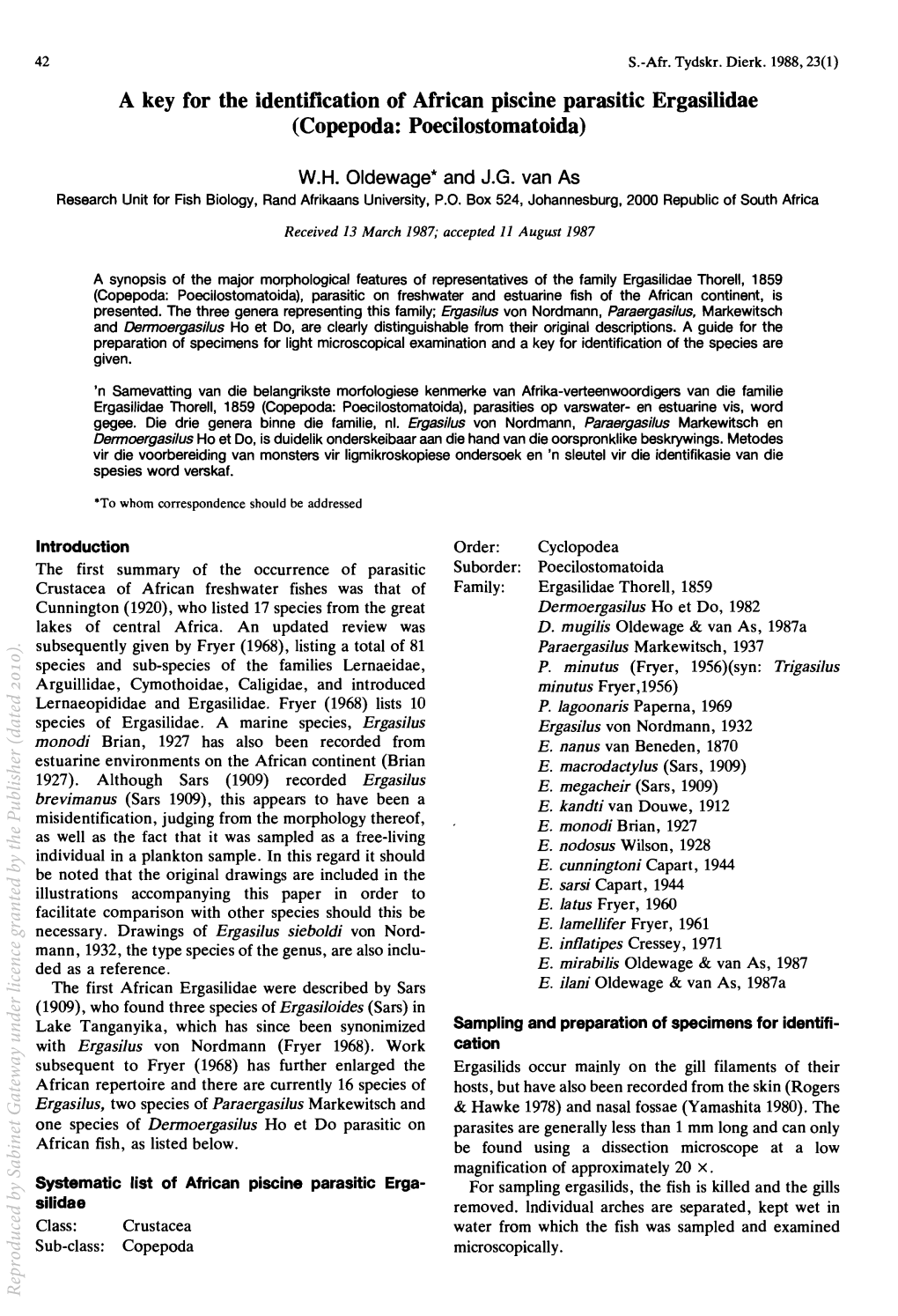 A Key for the Identification of African Piscine Parasitic Ergasilidae (Copepoda: Poecilostomatoida)