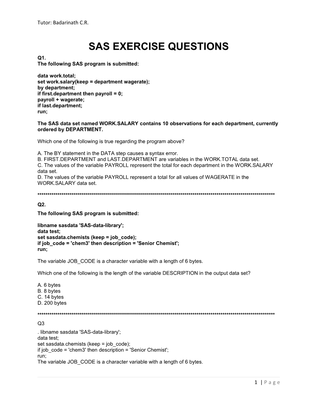 Sas Exercise Questions