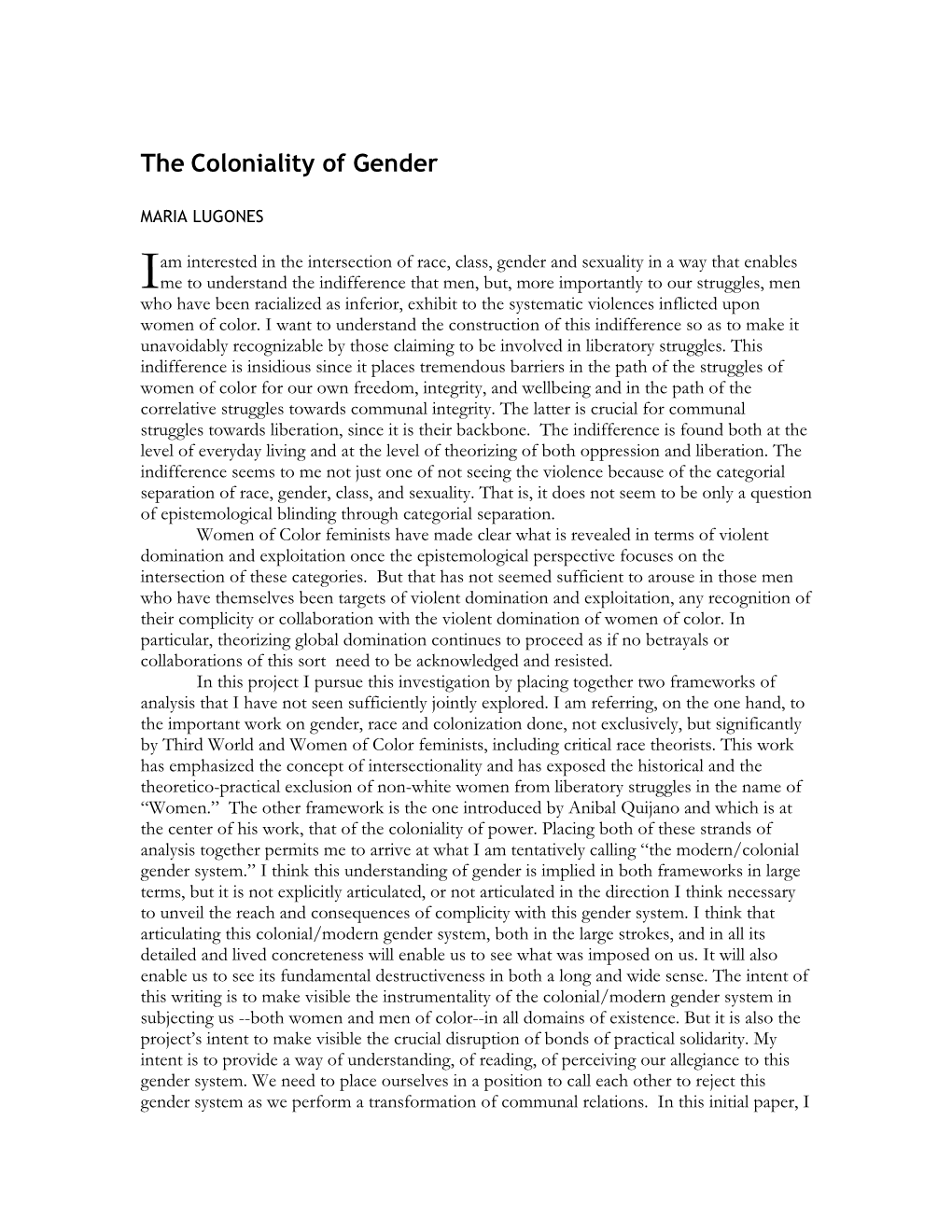 The Coloniality of Gender