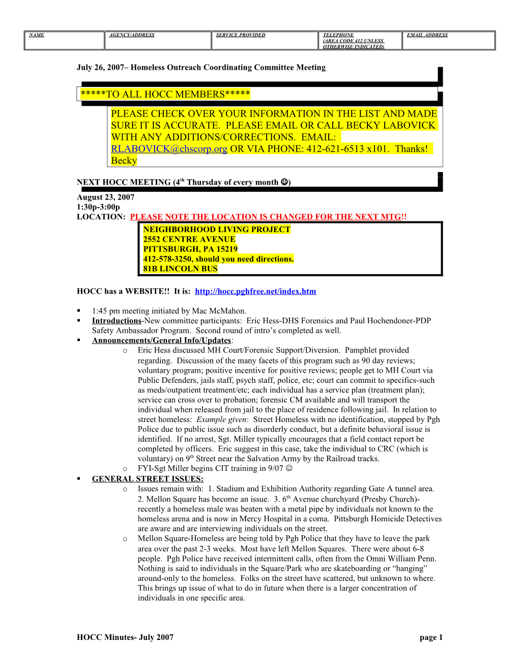 July 26, 2007 Homeless Outreach Coordinating Committee Meeting