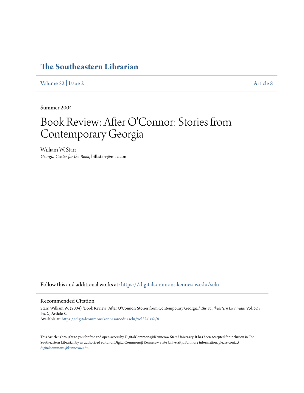 Book Review: After O'connor: Stories from Contemporary Georgia William W