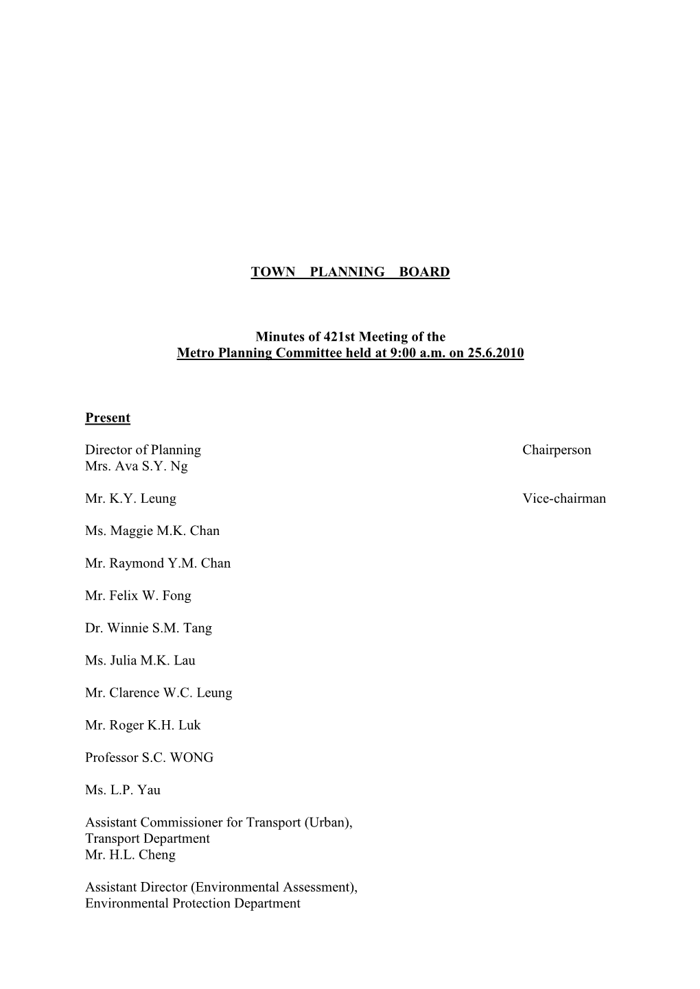 TOWN PLANNING BOARD Minutes of 421St Meeting of the Metro