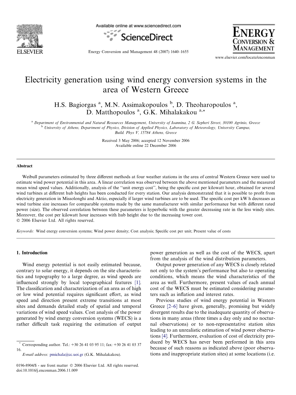 Electricity Generation Using Wind Energy Conversion Systems in the Area of Western Greece