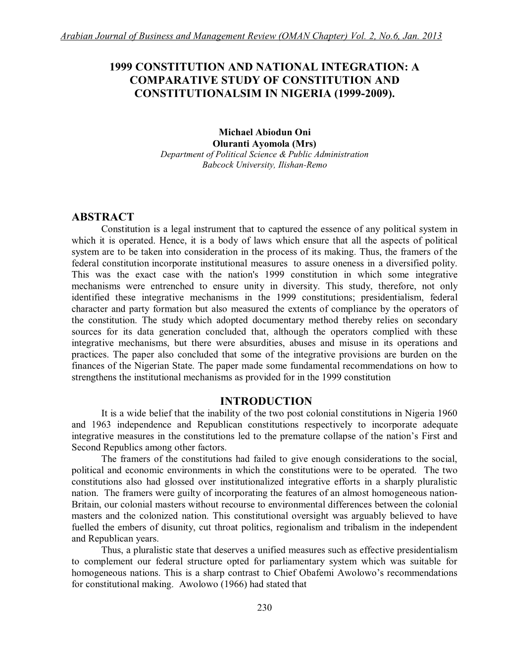 A Comparative Study of Constitution and Constitutionalsim in Nigeria (1999-2009)