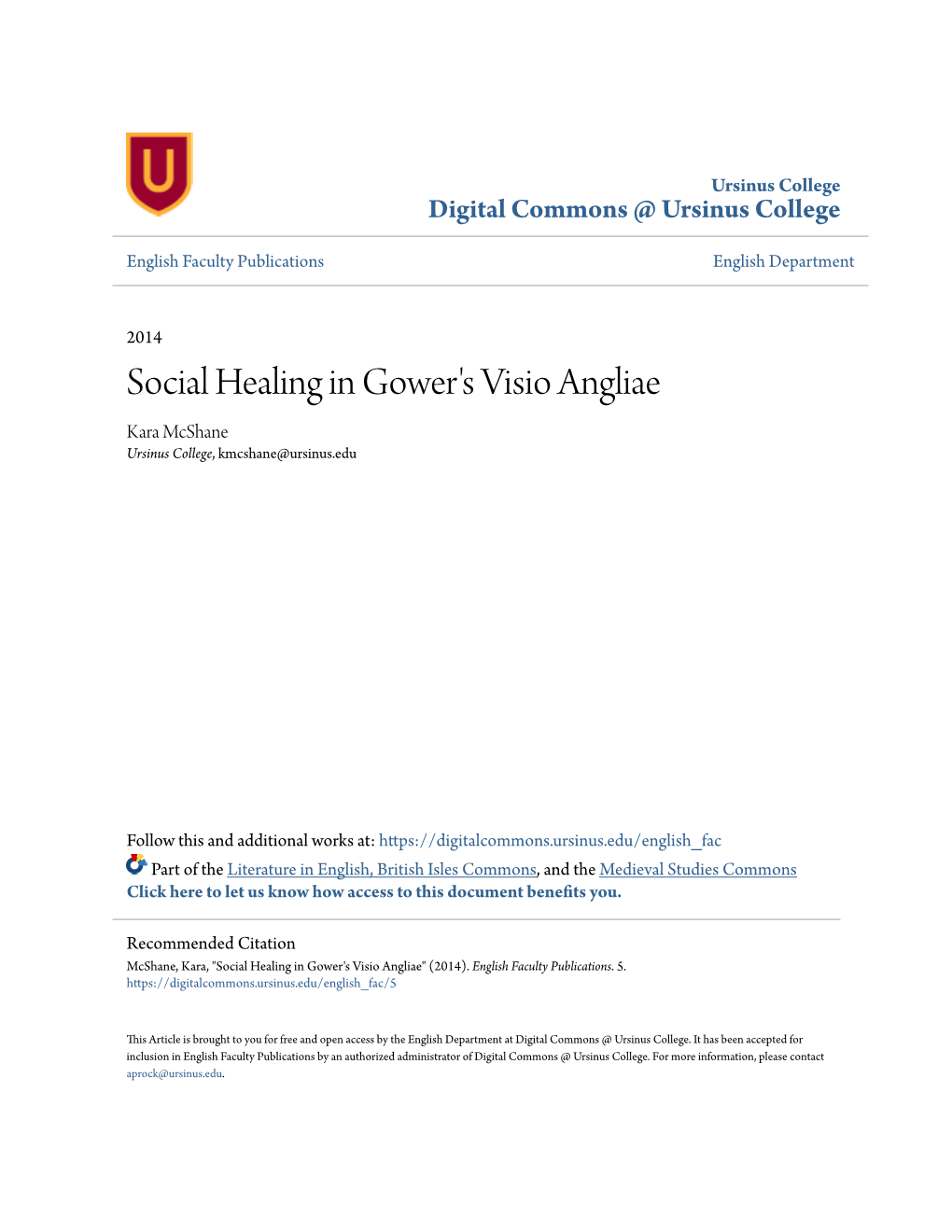 Social Healing in Gower's Visio Angliae Kara Mcshane Ursinus College, Kmcshane@Ursinus.Edu