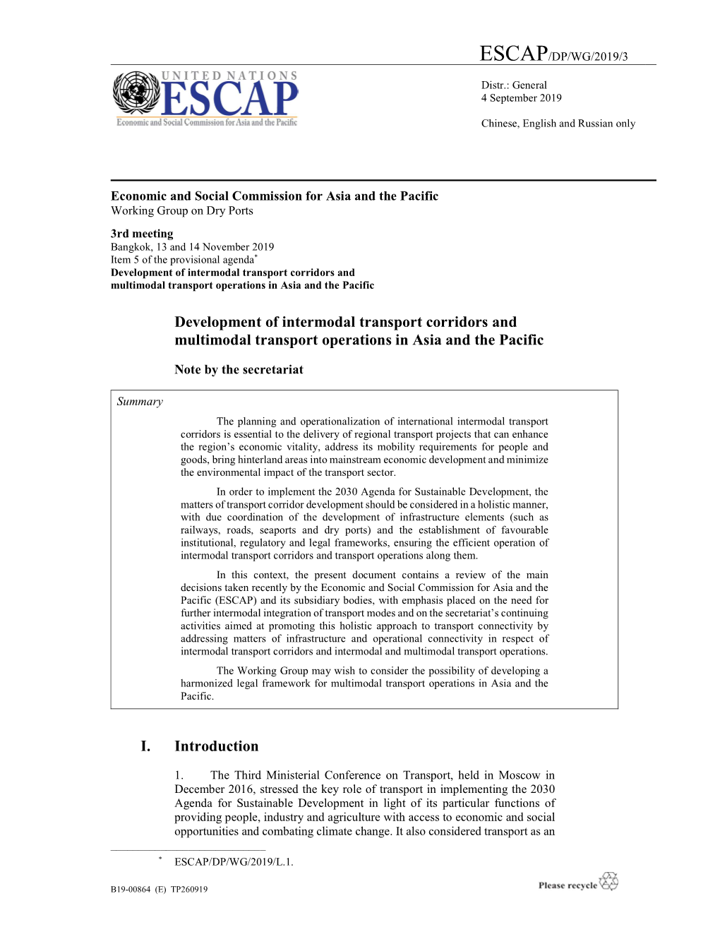 Development of Intermodal Transport Corridors and Multimodal Transport Operations in Asia and the Pacific