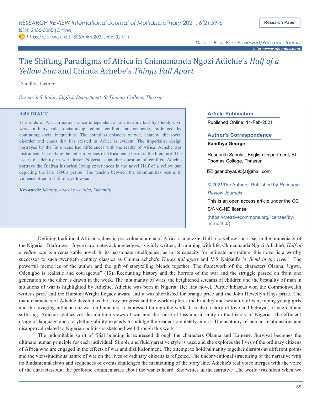 The Shifting Paradigms of Africa in Chimamanda Ngozi Adichie's Half