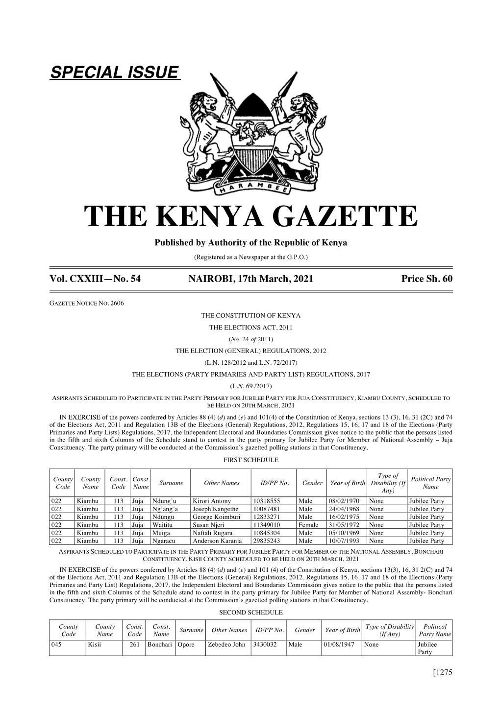 THE KENYA GAZETTE Published by Authority of the Republic of Kenya (Registered As a Newspaper at the G.P.O.)