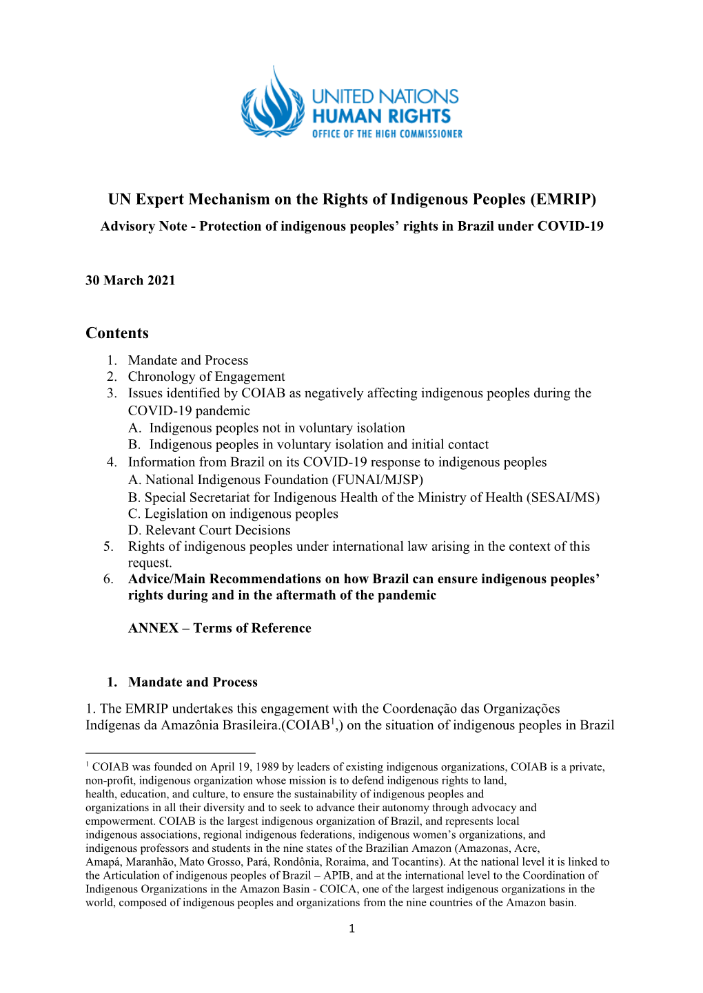UN Expert Mechanism on the Rights of Indigenous Peoples (EMRIP) Advisory Note - Protection of Indigenous Peoples’ Rights in Brazil Under COVID-19