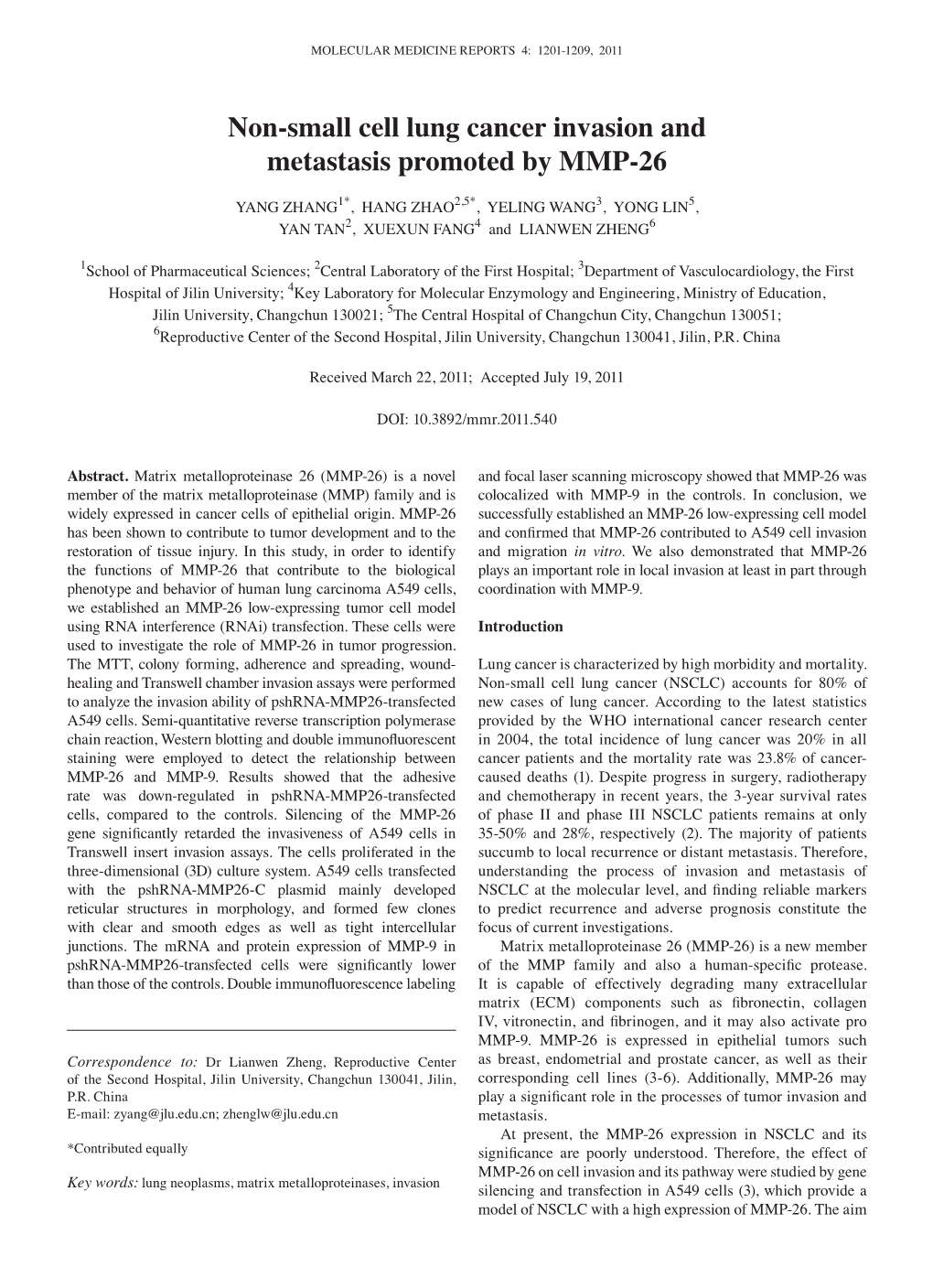 Non-Small Cell Lung Cancer Invasion and Metastasis Promoted by MMP-26