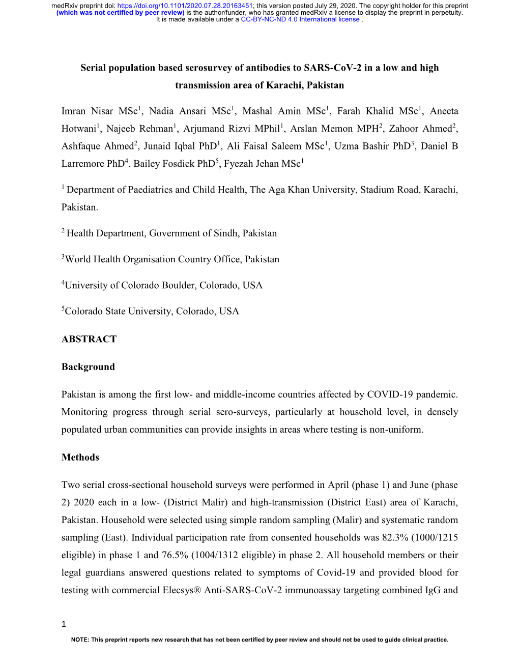 Serial Population Based Serosurvey of Antibodies to SARS-Cov-2 in a Low and High Transmission Area of Karachi, Pakistan