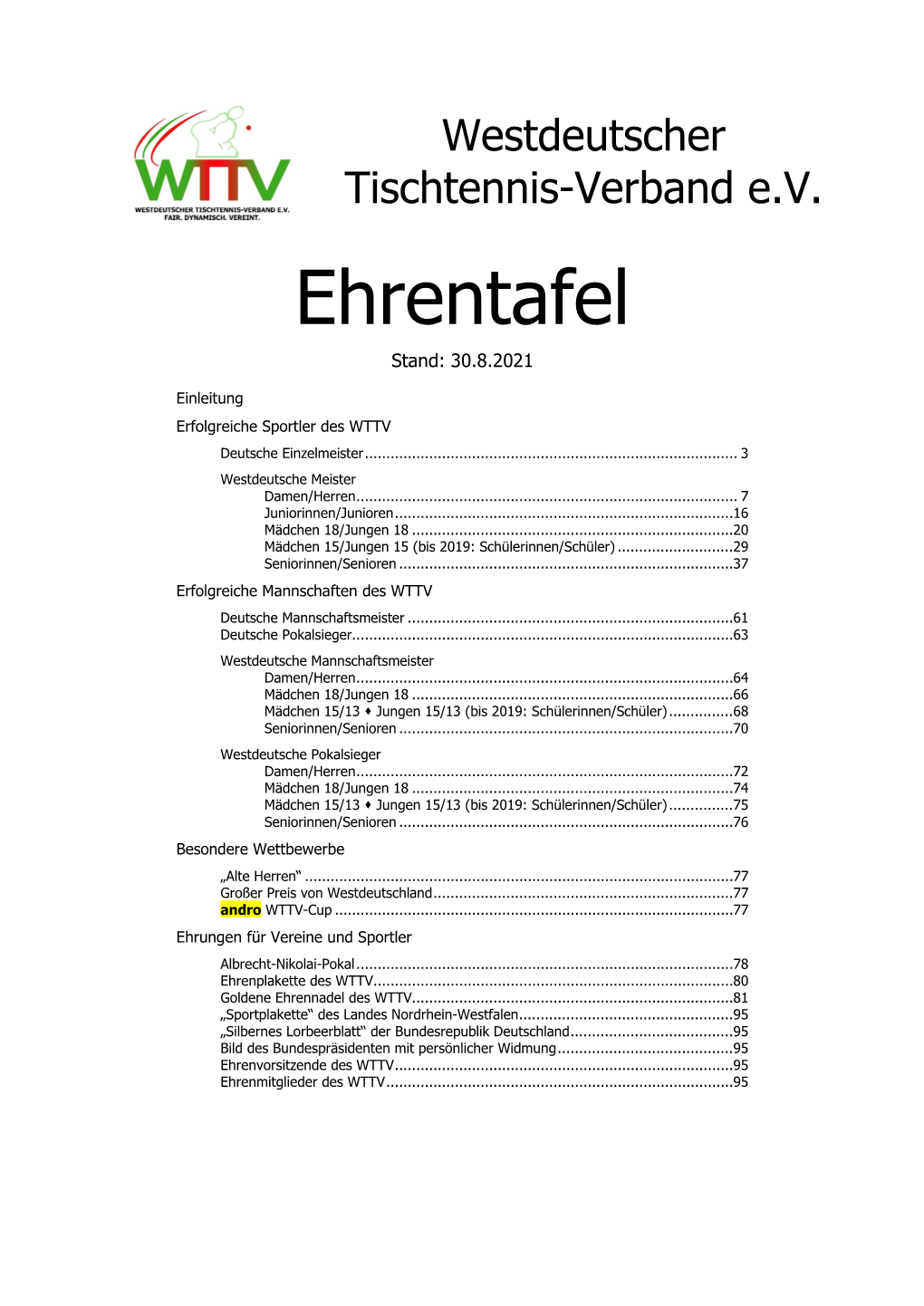 Ehrentafel WTTV