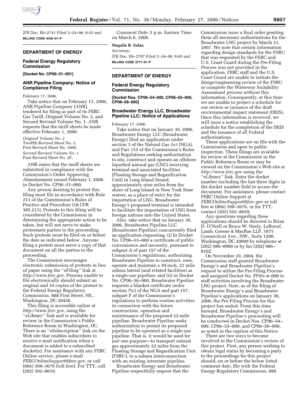 Federal Register/Vol. 71, No. 38/Monday, February 27, 2006