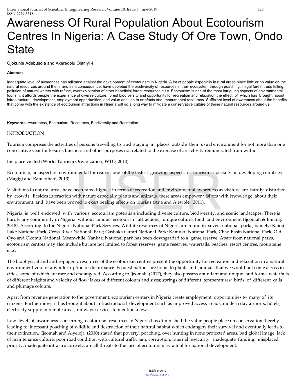 Awareness of Rural Population About Ecotourism Centres in Nigeria: a Case Study of Ore Town, Ondo State