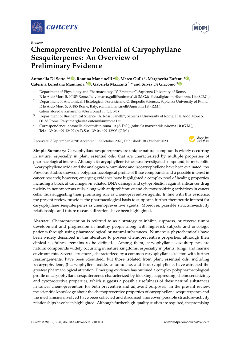 Chemopreventive Potential of Caryophyllane Sesquiterpenes: an Overview of Preliminary Evidence