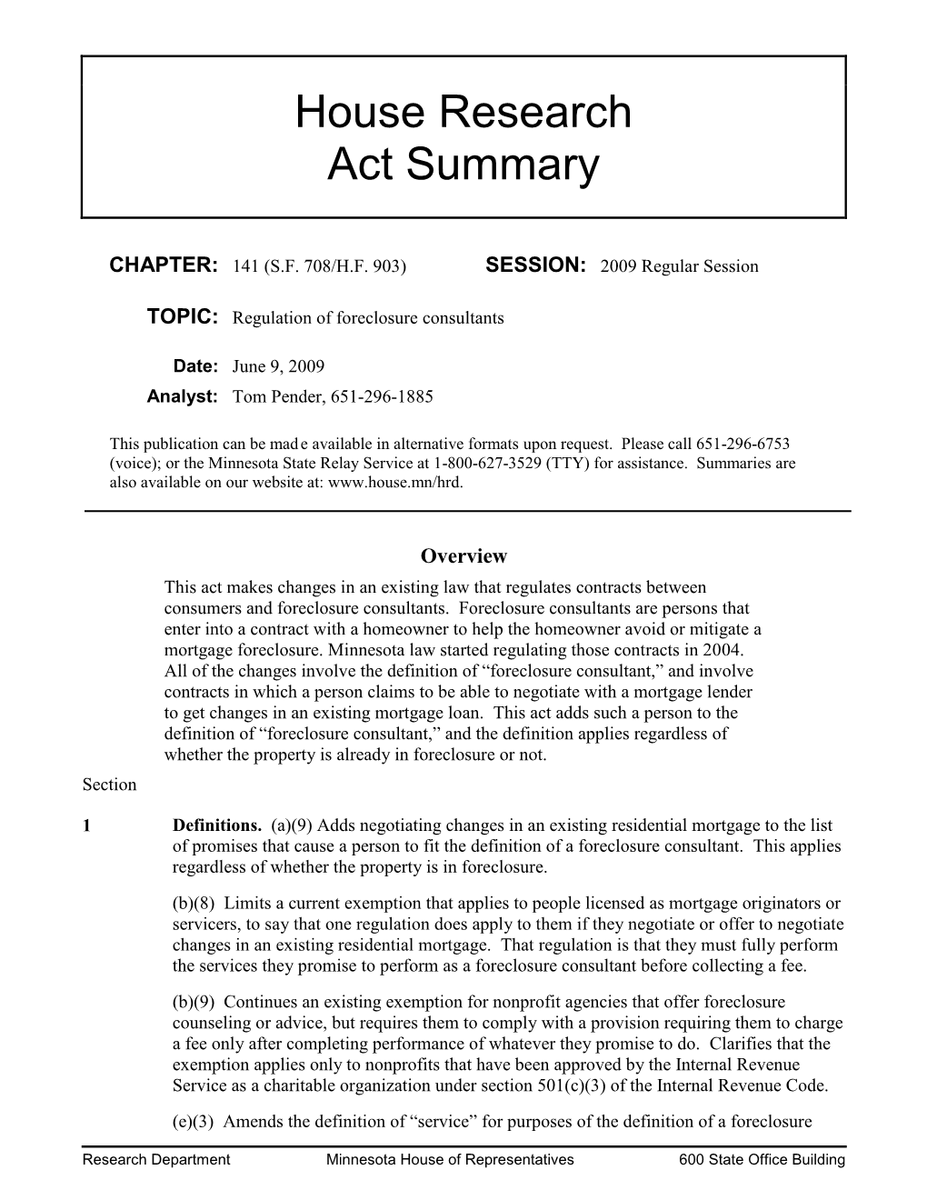 House Research Act Summary