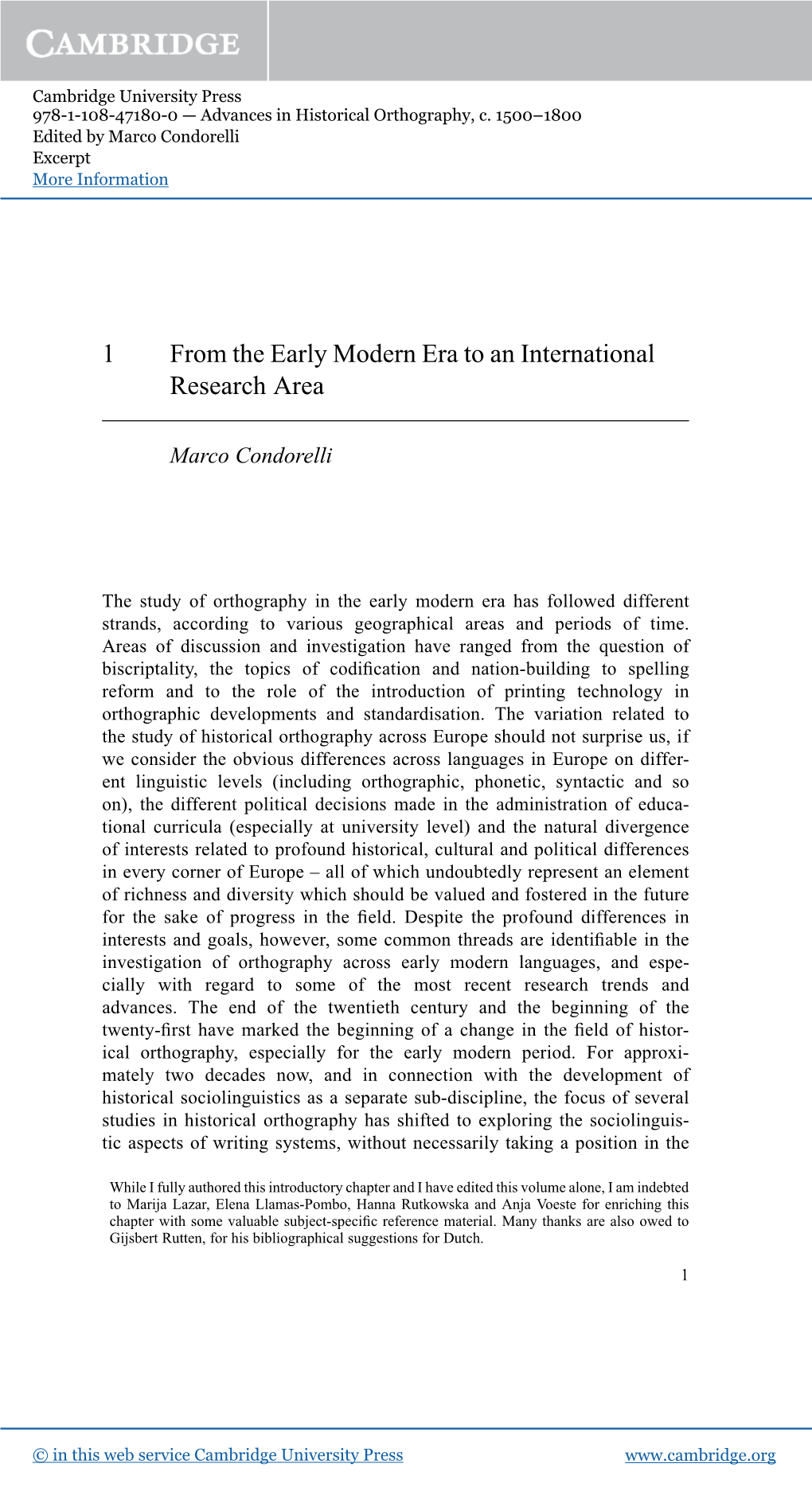 1 from the Early Modern Era to an International Research Area