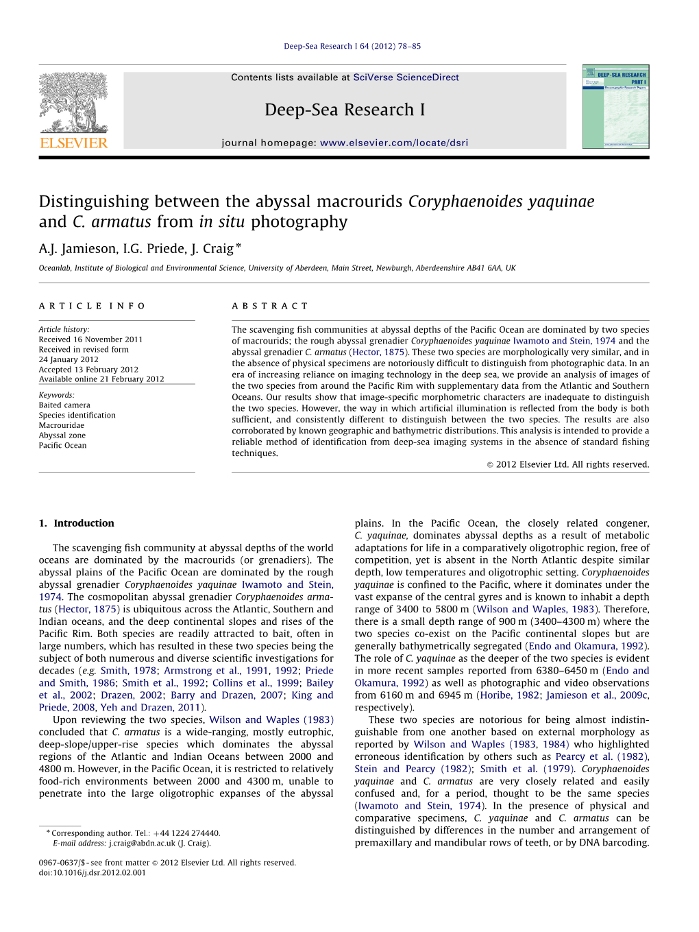 Distinguishing Between the Abyssal Macrourids Coryphaenoides Yaquinae and C