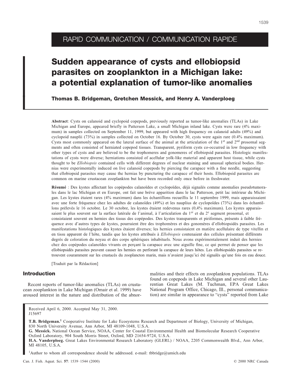 Sudden Appearance of Cysts and Ellobiopsid Parasites on Zooplankton in a Michigan Lake: a Potential Explanation of Tumor-Like Anomalies