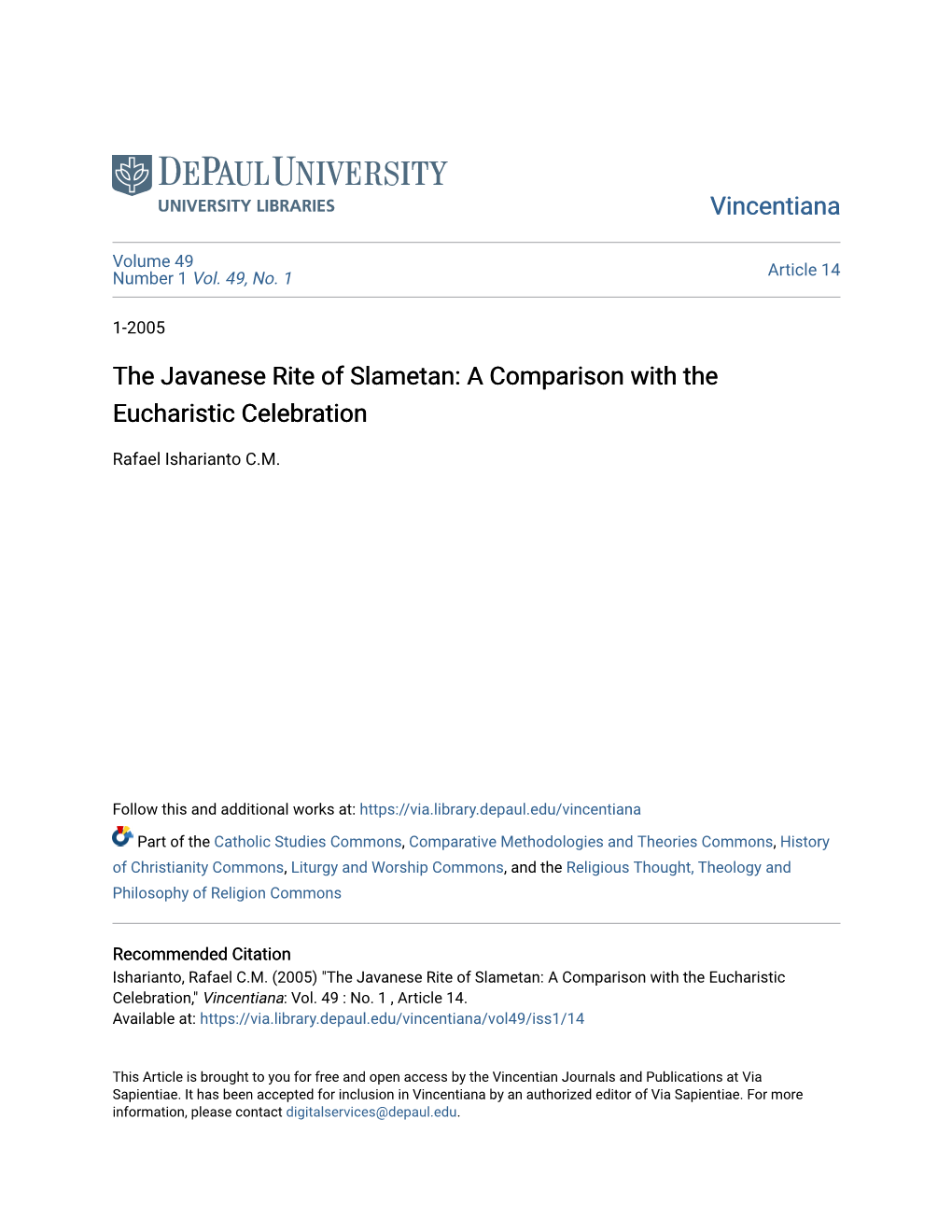 The Javanese Rite of Slametan: a Comparison with the Eucharistic Celebration