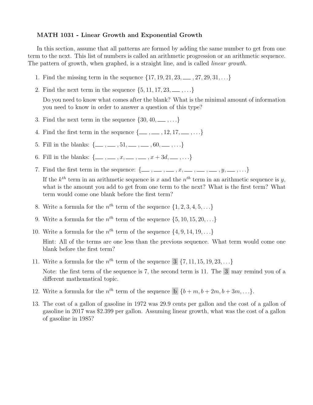 MATH 1031 - Linear Growth and Exponential Growth