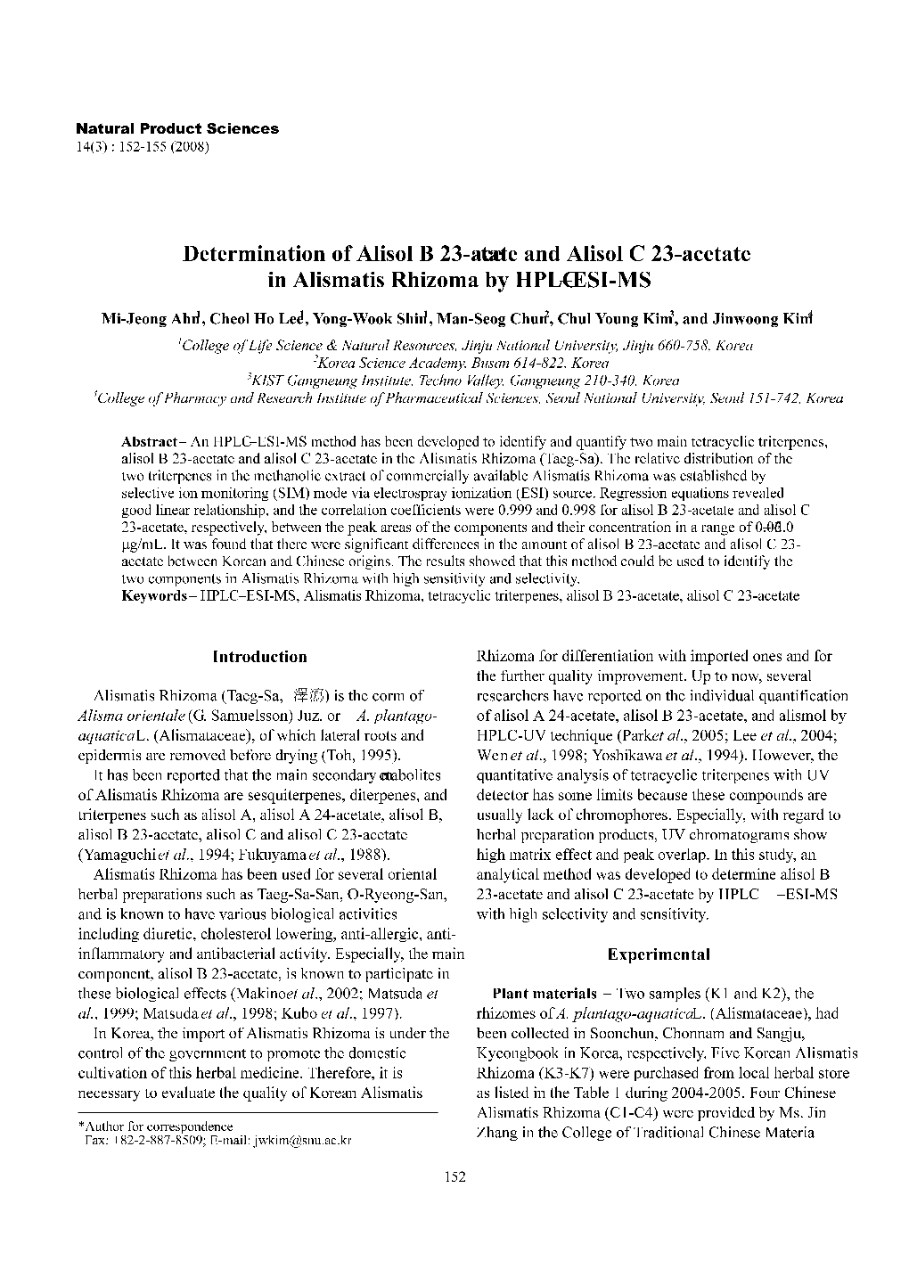 Determination of Alisol B 23-Acetate and Alisol C 23-Acetate in Alismatis Rhizoma by HPLC−ESI-MS