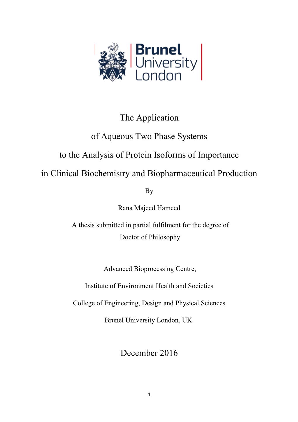 The Application of Aqueous Two Phase Systems to the Analysis Of