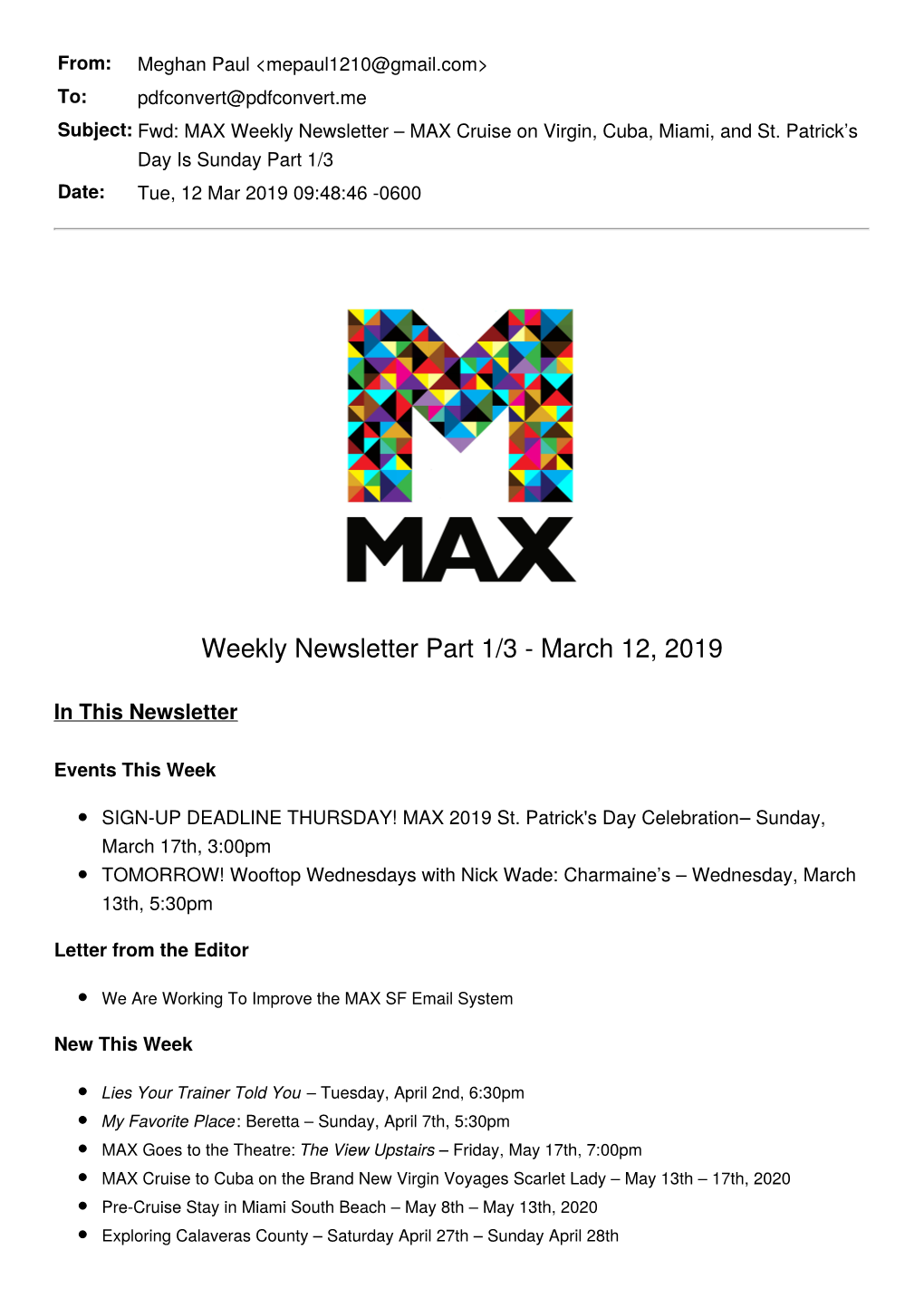 Fwd: MAX Weekly Newsletter MAX Cruise on Virgin, Cuba, Miami, And