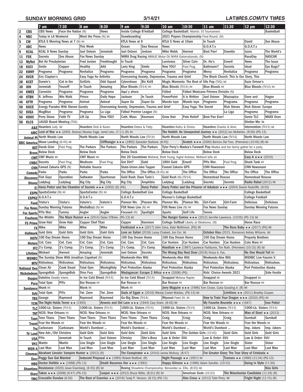 Sunday Morning Grid 3/14/21 Latimes.Com/Tv Times