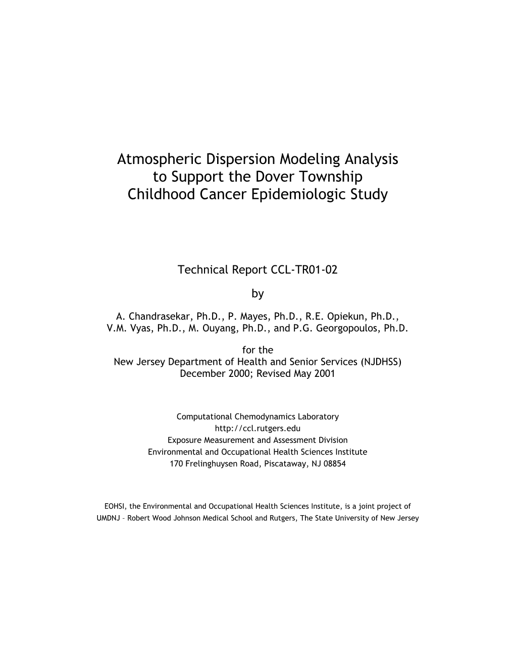 Atmospheric Dispersion Modeling Analysis to Support the Dover Twp