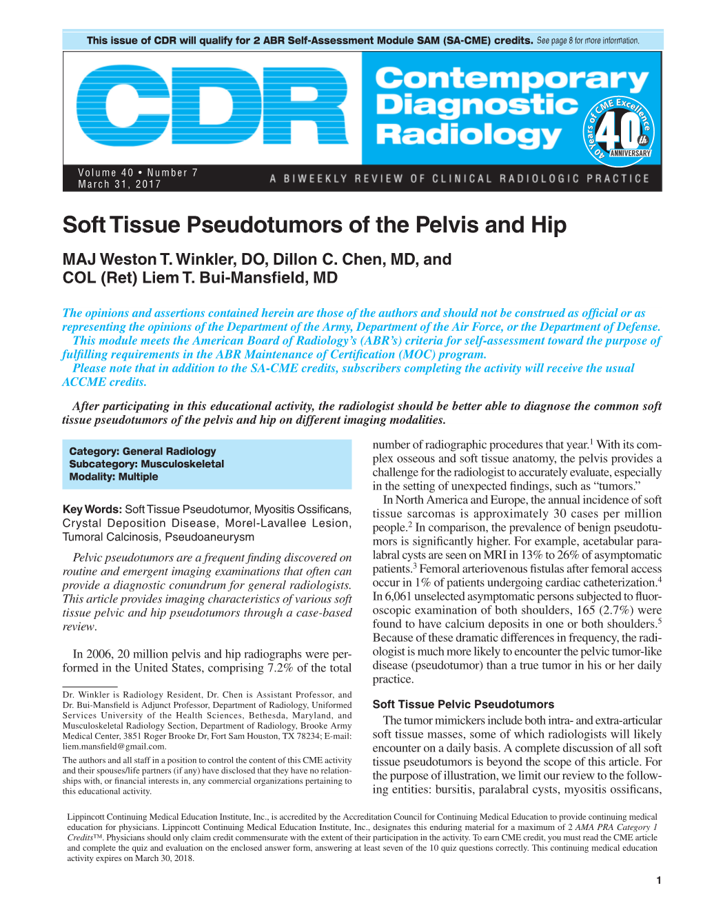 Soft Tissue Pseudotumors of the Pelvis and Hip MAJ Weston T