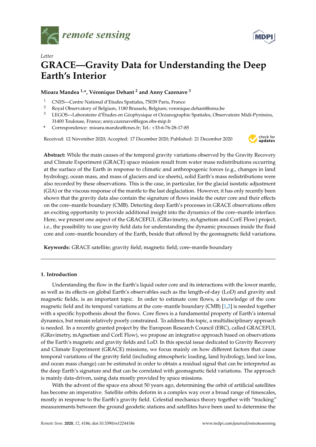 GRACE—Gravity Data for Understanding the Deep Earth's