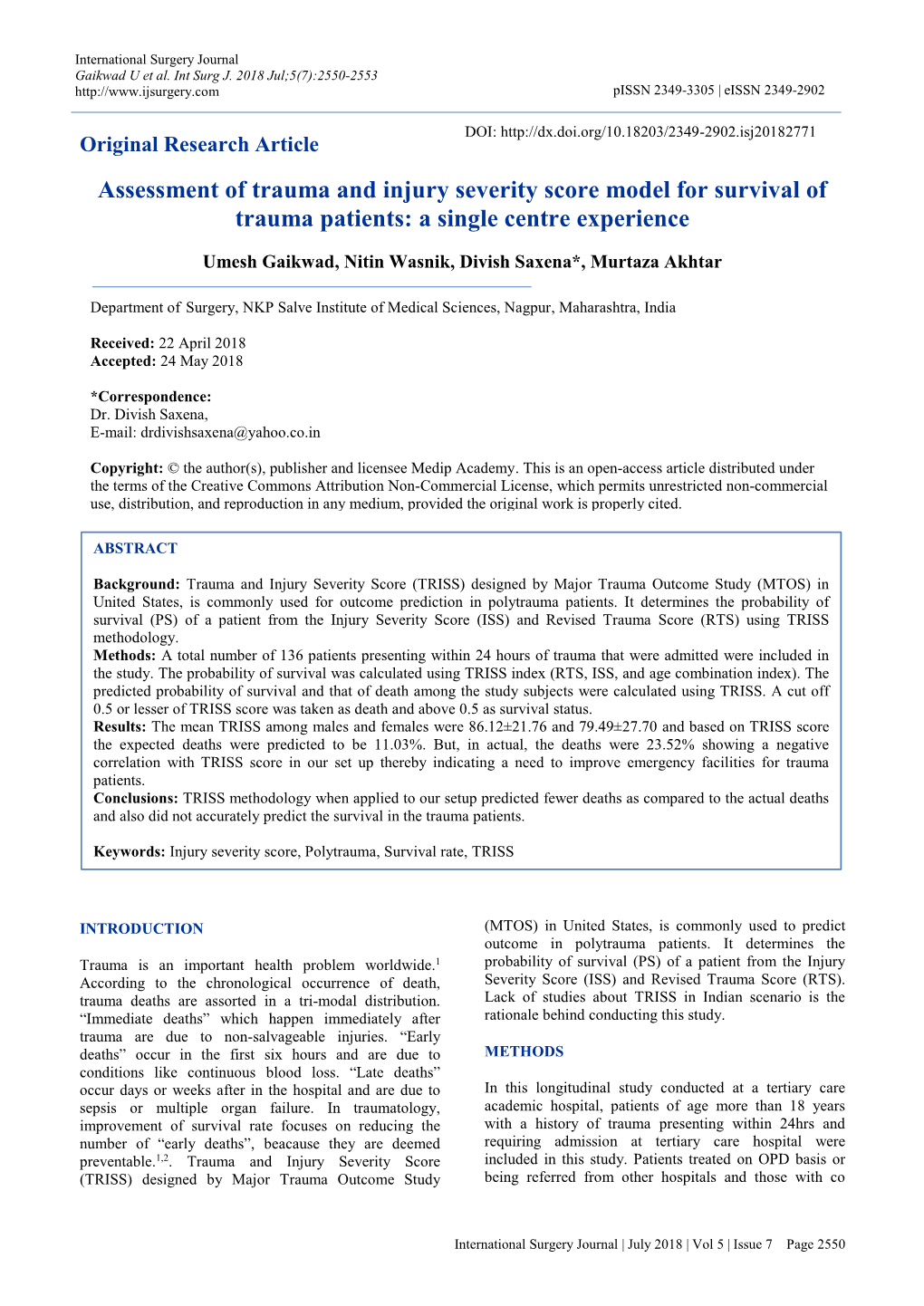 Assessment of Trauma and Injury Severity Score Model for Survival of Trauma Patients: a Single Centre Experience