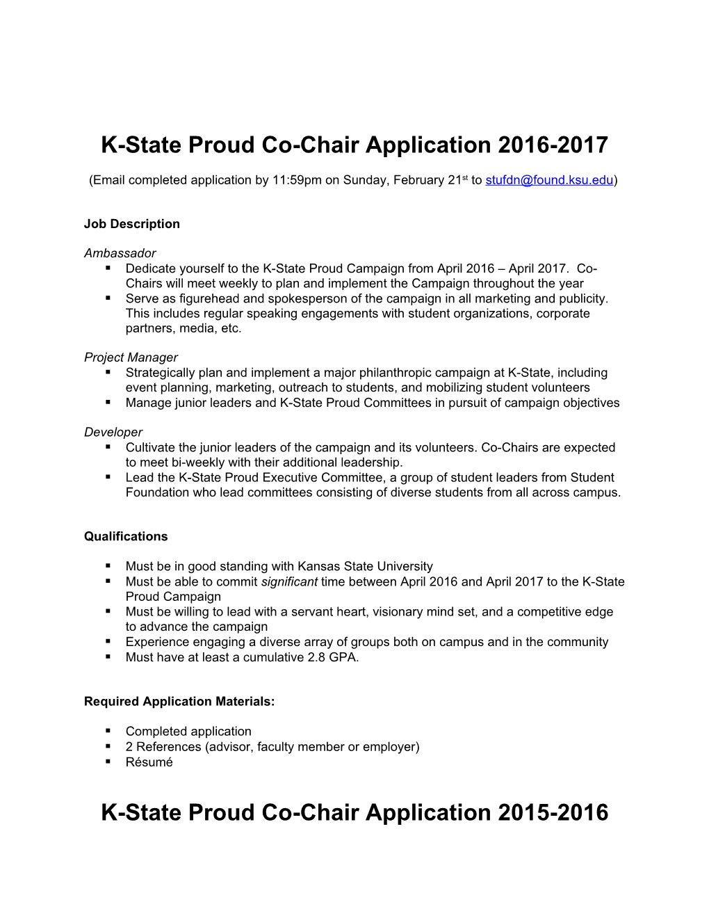 K-State Proud Co-Chair Application 2016-2017