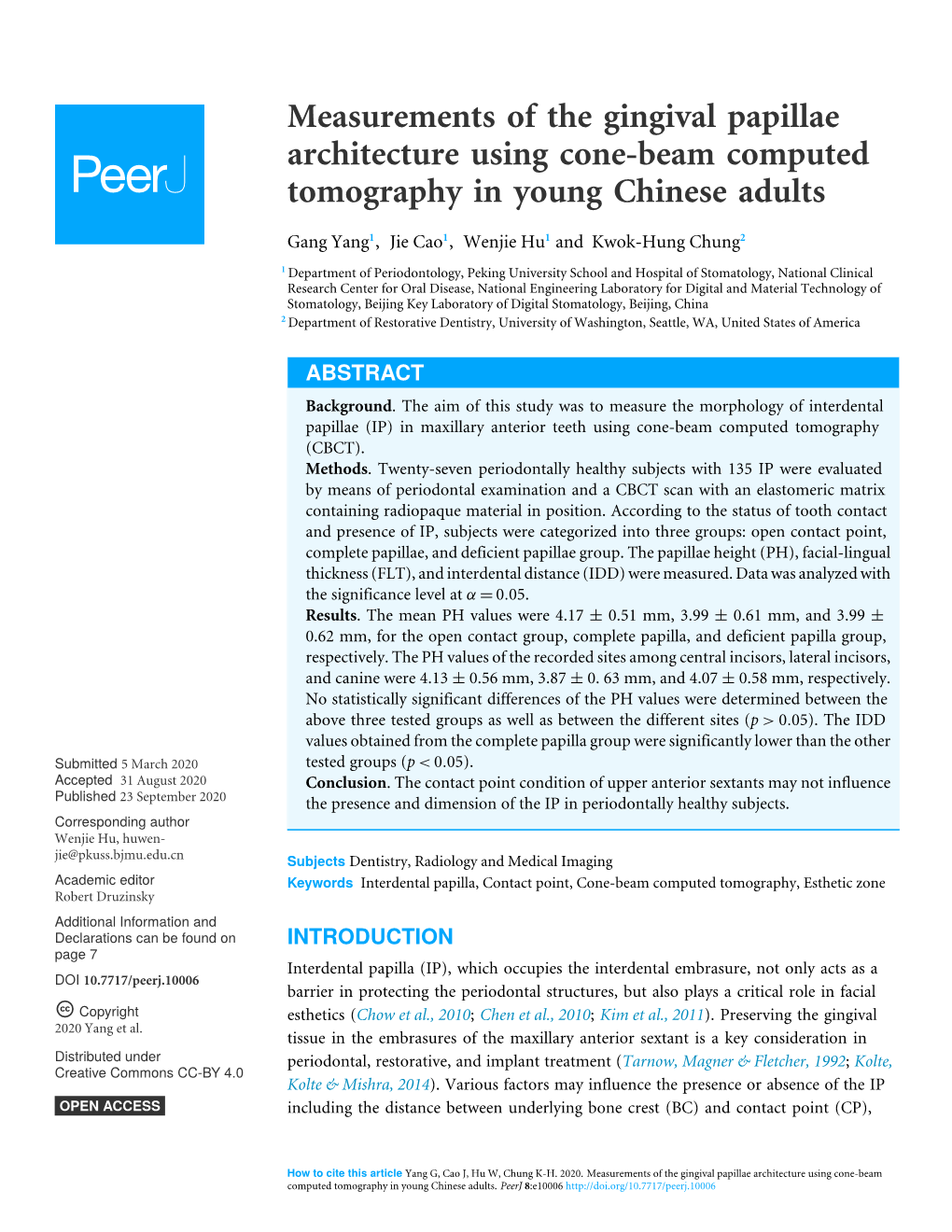 Measurements of the Gingival Papillae Architecture Using Cone-Beam Computed Tomography in Young Chinese Adults