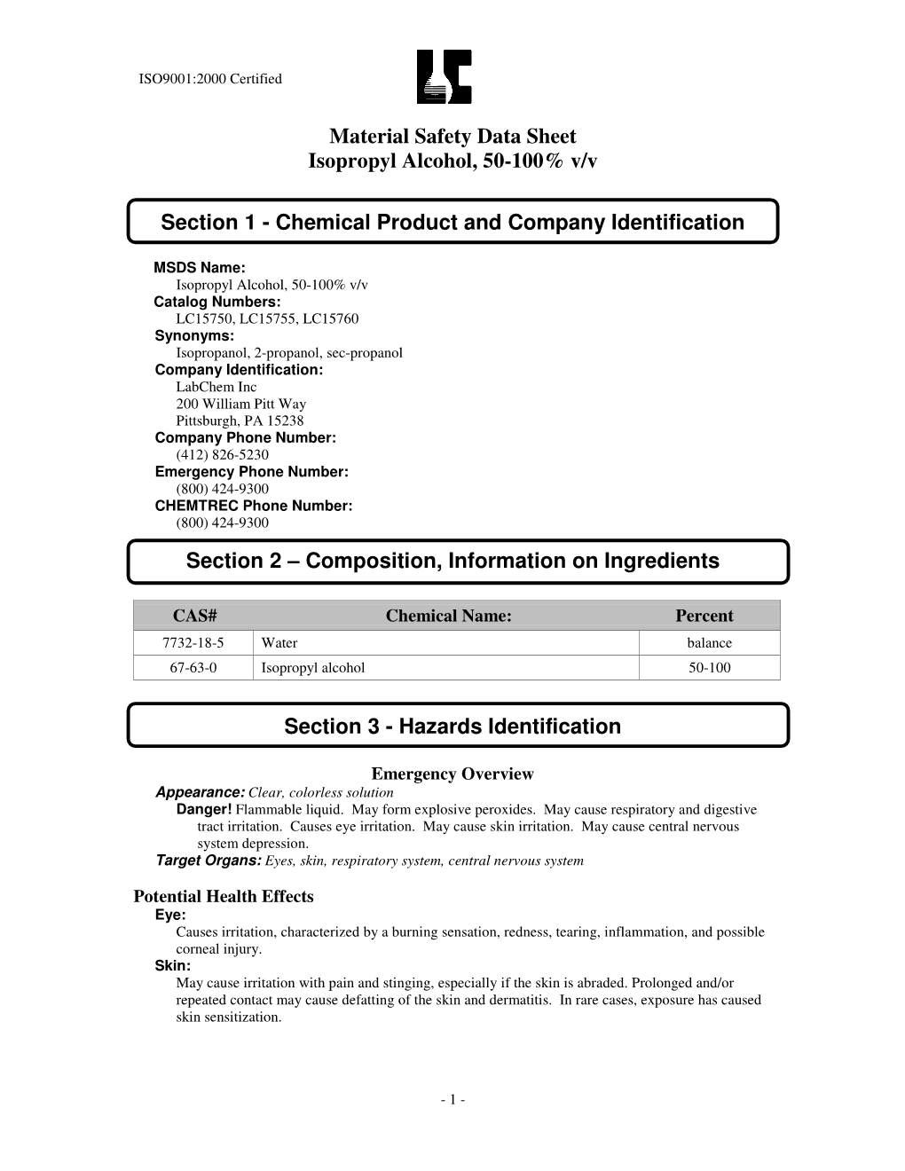 Material Safety Data Sheet Isopropyl Alcohol, 50-100% V/V Section 1