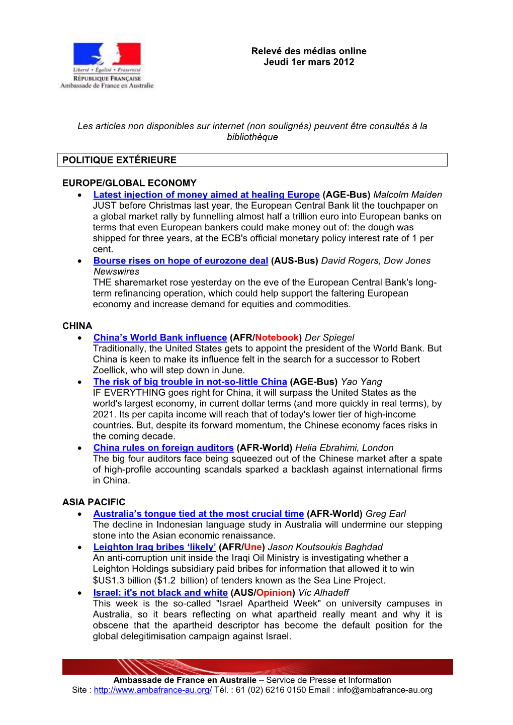 Ambassade De France En Australie – Service De Presse Et Information Site : Tél