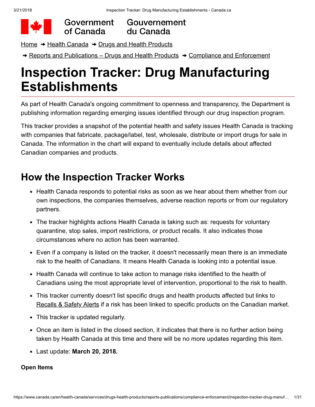 Inspection Tracker: Drug Manufacturing Establishments - Canada.Ca