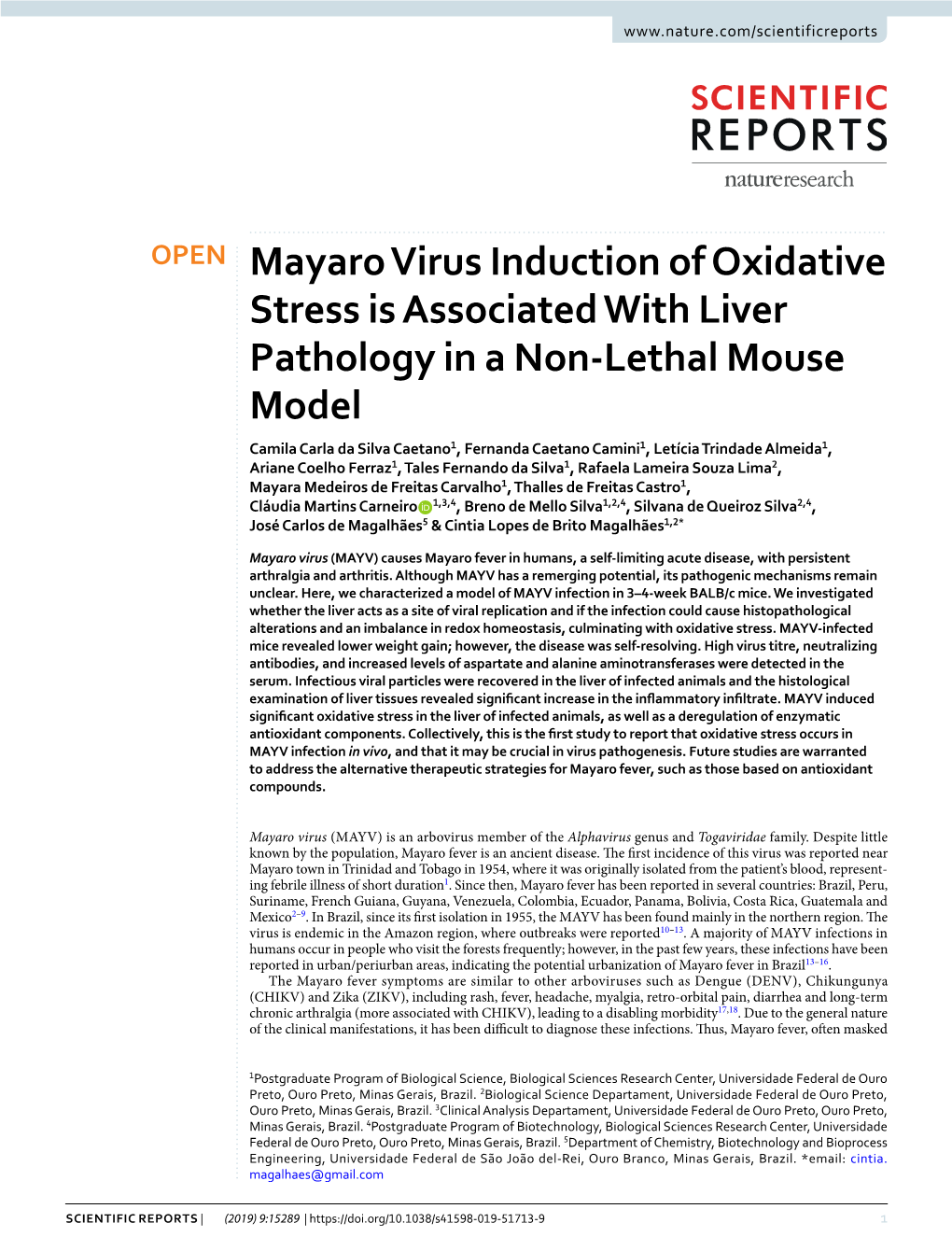 Mayaro Virus Induction of Oxidative Stress Is Associated with Liver Pathology in a Non-Lethal Mouse Model