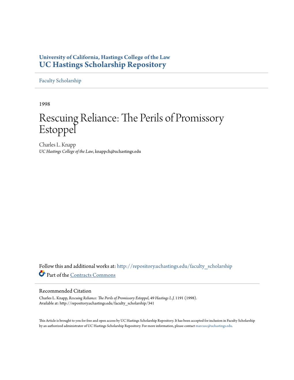 Rescuing Reliance: the Perils of Promissory Estoppel, 49 Hastings L.J