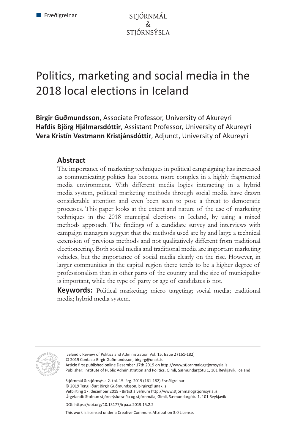 Politics, Marketing and Social Media in the 2018 Local Elections in Iceland