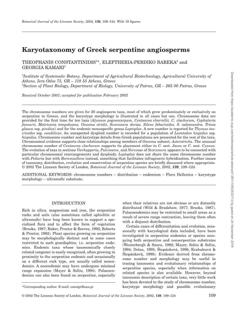 Karyotaxonomy of Greek Serpentine Angiosperms