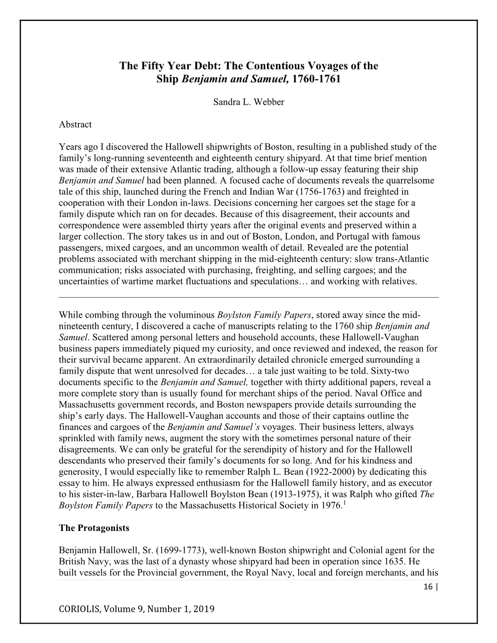 The Fifty Year Debt: the Contentious Voyages of the Ship Benjamin and Samuel, 1760-1761