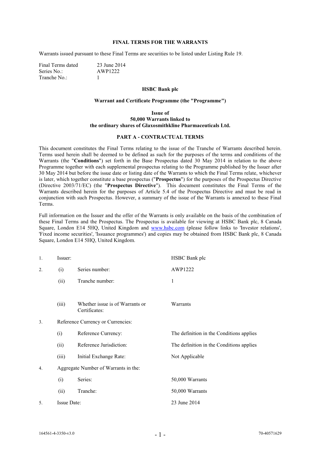 Issue of 50,000 Warrants Linked to the Ordinary Shares of Glaxosmithkline Pharmaceuticals Ltd