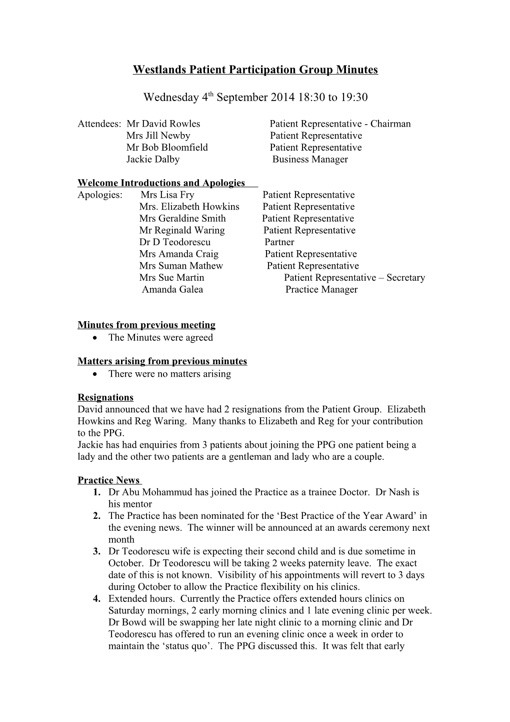 Westlands Patient Participation Group Minutes