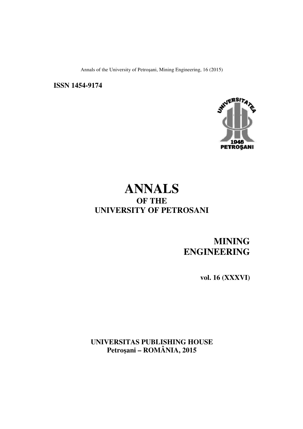 Annals of the University of Petro Şani, Mining Engineering, 16 (2015)