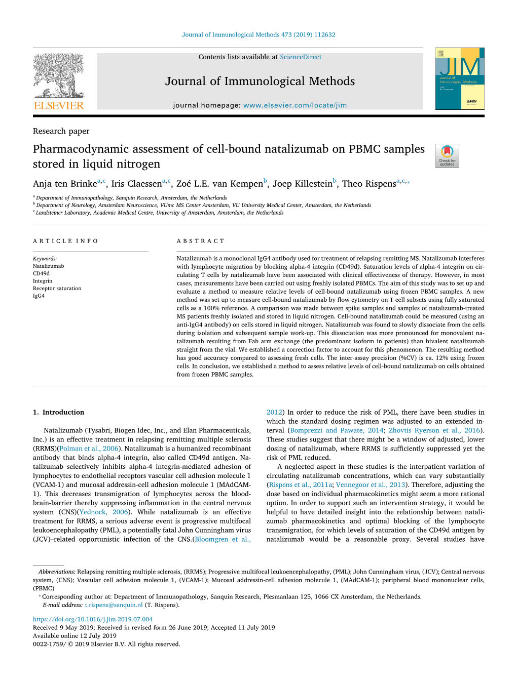 Journal of Immunological Methods Pharmacodynamic Assessment of Cell-Bound Natalizumab on PBMC Samples Stored in Liquid Nitrogen